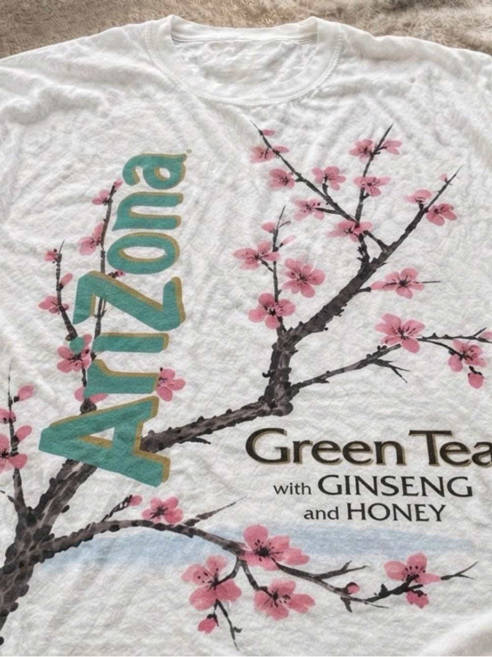 Green Tea Graphic Tee - White with Pink Blossoms